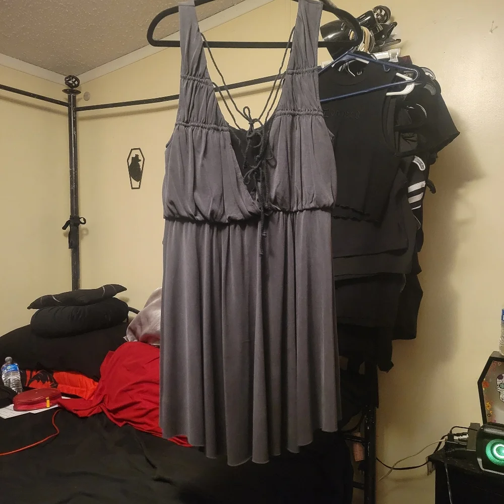 Free People charcoal new cupro true as love open tie back flowy mini dress L-1X - Picture 9 of 17